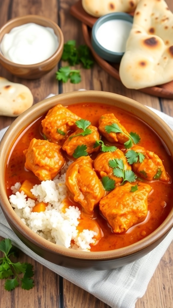 A bowl of chicken curry with rice and naan, garnished with cilantro on a rustic table.